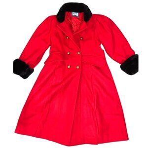 Rothschild Girl's Red Wool Blend Coat With Faux Fur Trim Size 10